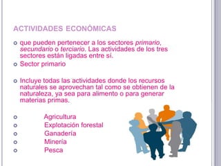 ACTIVIDADES ECONÓMICAS
que pueden pertenecer a los sectores primario,
secundario o terciario. Las actividades de los tres
sectores están ligadas entre sí.
Sector primario
Incluye todas las actividades donde los recursos
naturales se aprovechan tal como se obtienen de la
naturaleza, ya sea para alimento o para generar
materias primas.
Agricultura
Explotación forestal
Ganadería
Minería
Pesca