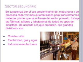 SECTOR SECUNDARIO
    Se caracteriza por el uso predominante de maquinaria y de
    procesos cada vez más automatizados para transformar las
    materias primas que se obtienen del sector primario. Incluye
    las fábricas, talleres y laboratorios de todos los tipos de
    industrias. De acuerdo a lo que producen, sus grandes
    divisiones son:

     Construcción
     Electricidad, gas y agua
     Industria manufacturera
 
