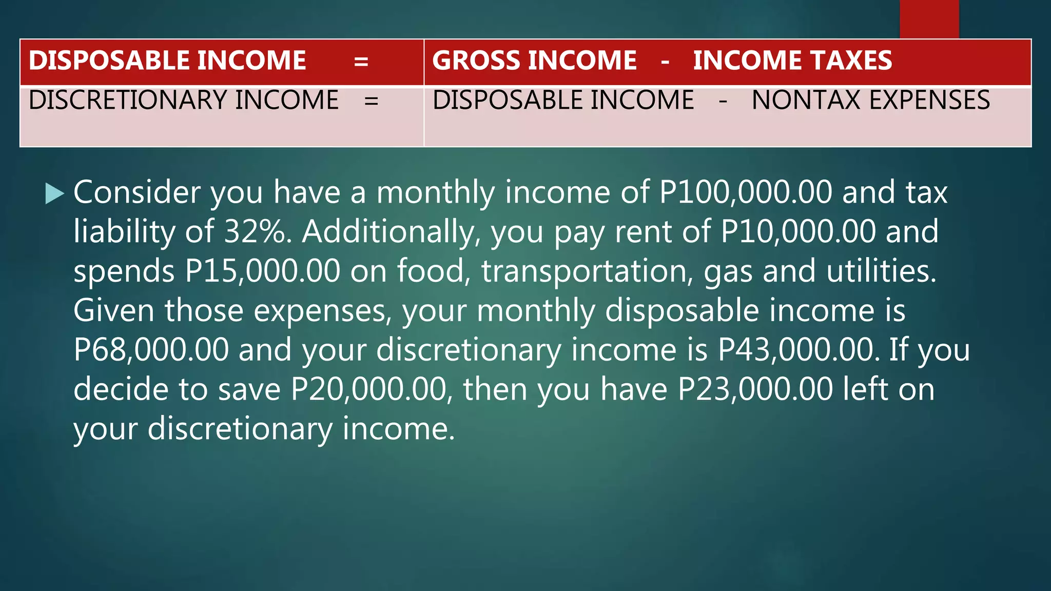  Consider you have a monthly income of P100,000.00 and tax
liability of 32%. Additionally, you pay rent of P10,000.00 and
spends P15,000.00 on food, transportation, gas and utilities.
Given those expenses, your monthly disposable income is
P68,000.00 and your discretionary income is P43,000.00. If you
decide to save P20,000.00, then you have P23,000.00 left on
your discretionary income.
DISPOSABLE INCOME = GROSS INCOME - INCOME TAXES
DISCRETIONARY INCOME = DISPOSABLE INCOME - NONTAX EXPENSES
 