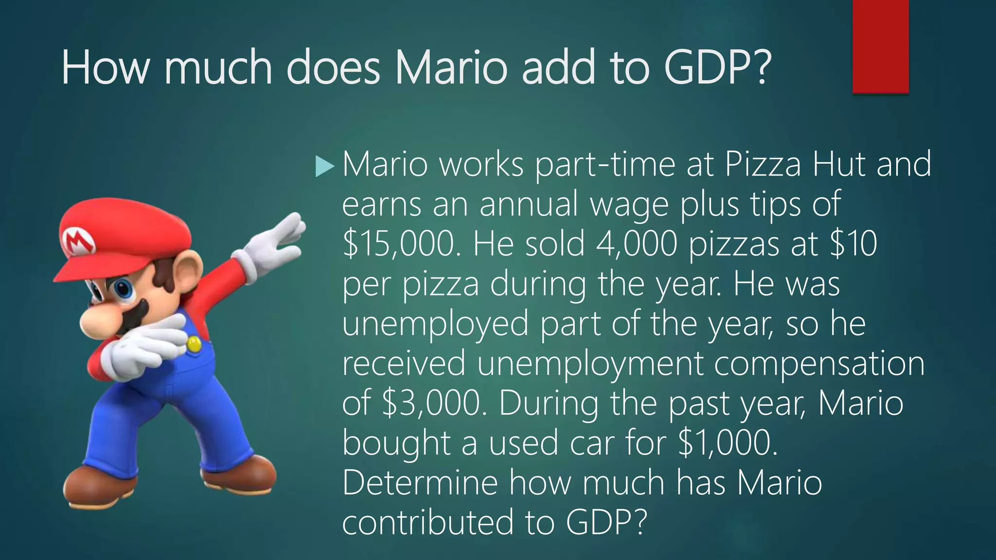 How much does Mario add to GDP?
 Mario works part-time at Pizza Hut and
earns an annual wage plus tips of
$15,000. He sold 4,000 pizzas at $10
per pizza during the year. He was
unemployed part of the year, so he
received unemployment compensation
of $3,000. During the past year, Mario
bought a used car for $1,000.
Determine how much has Mario
contributed to GDP?
 