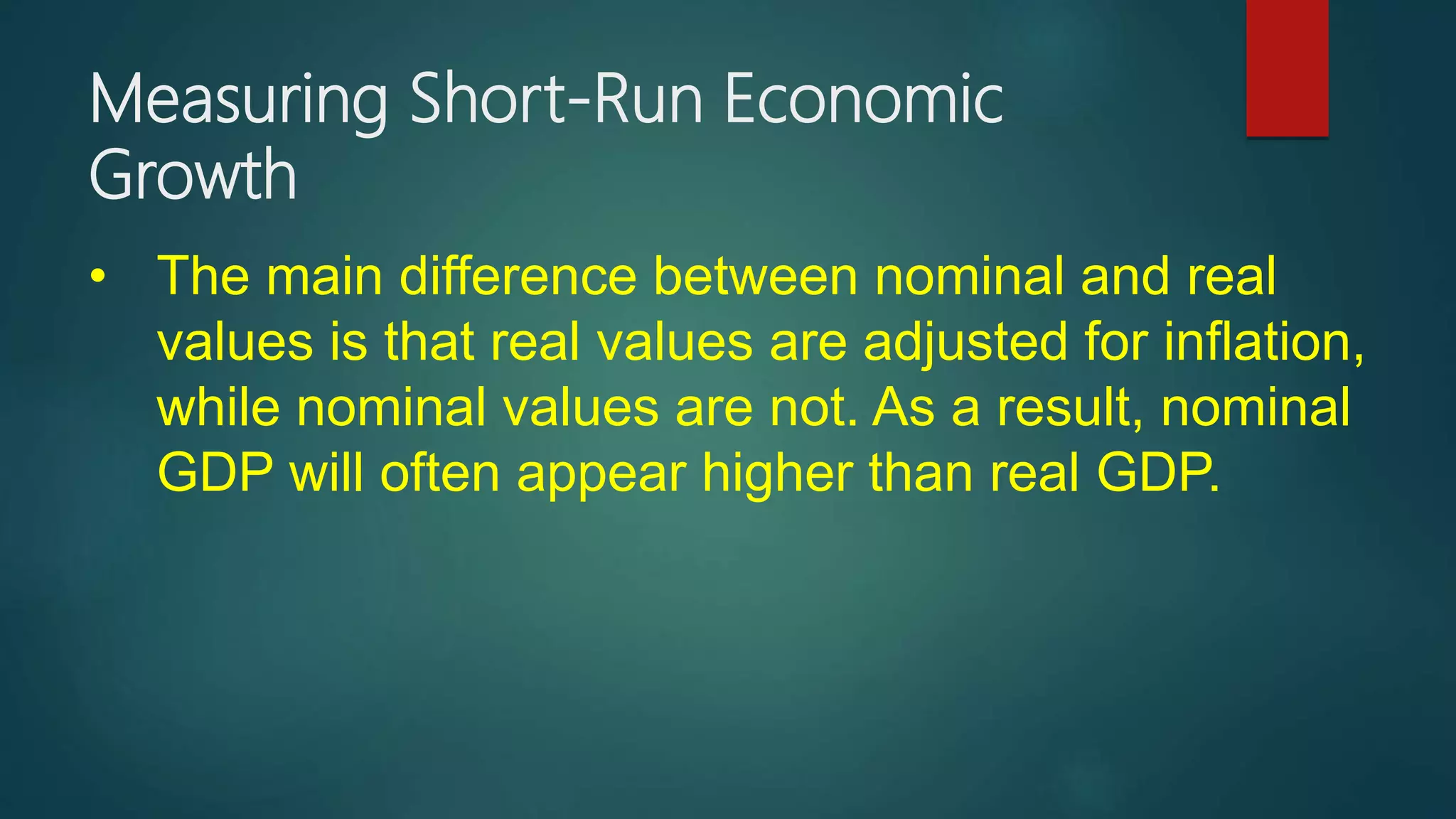 Measuring Short-Run Economic
Growth
• The main difference between nominal and real
values is that real values are adjusted for inflation,
while nominal values are not. As a result, nominal
GDP will often appear higher than real GDP.
 