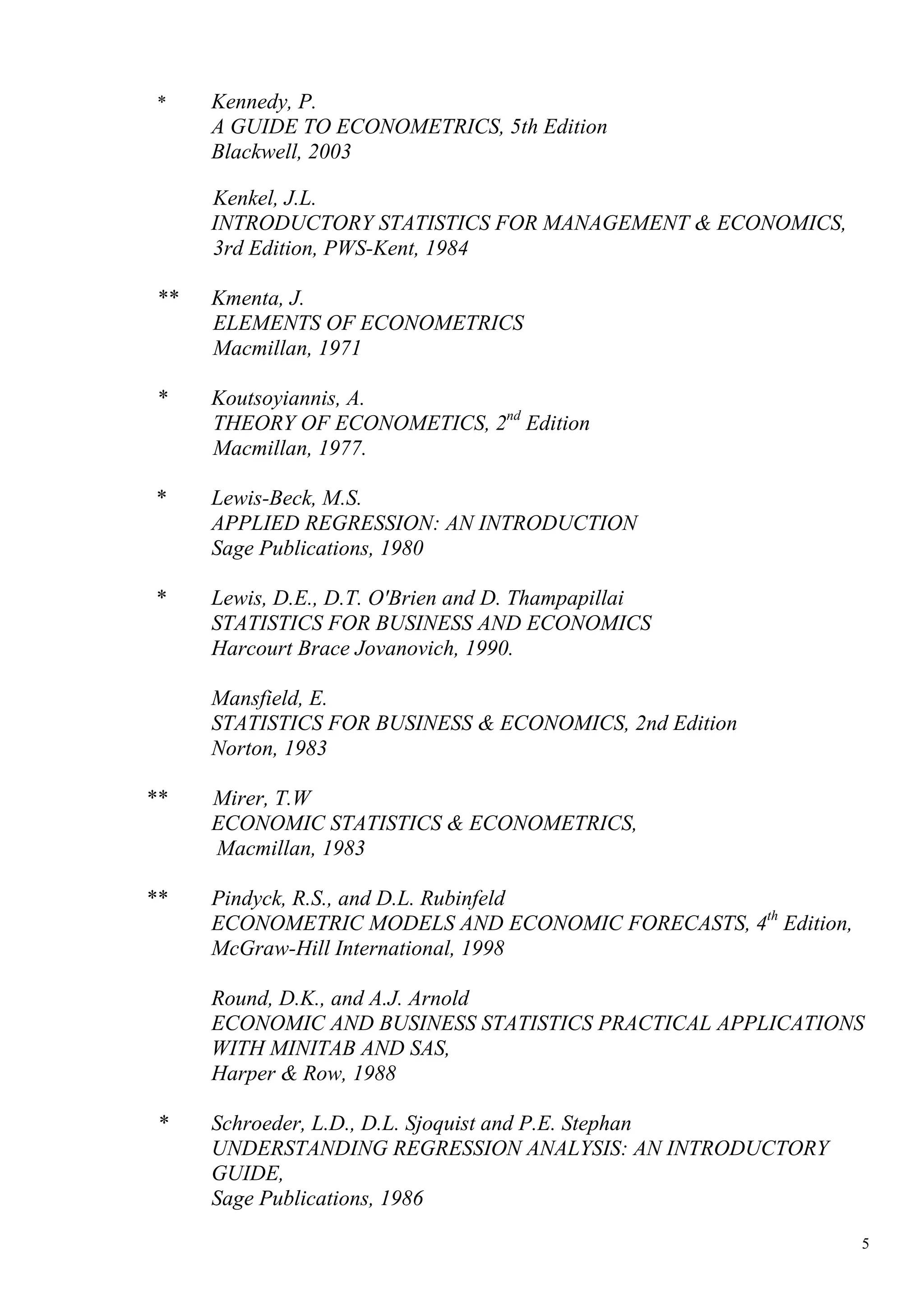 *    Kennedy, P.
      A GUIDE TO ECONOMETRICS, 5th Edition
      Blackwell, 2003

      Kenkel, J.L.
      INTRODUCTORY STATISTICS FOR MANAGEMENT & ECONOMICS,
      3rd Edition, PWS-Kent, 1984

 **   Kmenta, J.
      ELEMENTS OF ECONOMETRICS
      Macmillan, 1971

 *    Koutsoyiannis, A.
      THEORY OF ECONOMETICS, 2nd Edition
      Macmillan, 1977.

 *    Lewis-Beck, M.S.
      APPLIED REGRESSION: AN INTRODUCTION
      Sage Publications, 1980

 *    Lewis, D.E., D.T. O'Brien and D. Thampapillai
      STATISTICS FOR BUSINESS AND ECONOMICS
      Harcourt Brace Jovanovich, 1990.

      Mansfield, E.
      STATISTICS FOR BUSINESS & ECONOMICS, 2nd Edition
      Norton, 1983

**    Mirer, T.W
      ECONOMIC STATISTICS & ECONOMETRICS,
      Macmillan, 1983

**    Pindyck, R.S., and D.L. Rubinfeld
      ECONOMETRIC MODELS AND ECONOMIC FORECASTS, 4th Edition,
      McGraw-Hill International, 1998

      Round, D.K., and A.J. Arnold
      ECONOMIC AND BUSINESS STATISTICS PRACTICAL APPLICATIONS
      WITH MINITAB AND SAS,
      Harper & Row, 1988

 *    Schroeder, L.D., D.L. Sjoquist and P.E. Stephan
      UNDERSTANDING REGRESSION ANALYSIS: AN INTRODUCTORY
      GUIDE,
      Sage Publications, 1986

                                                                5
 