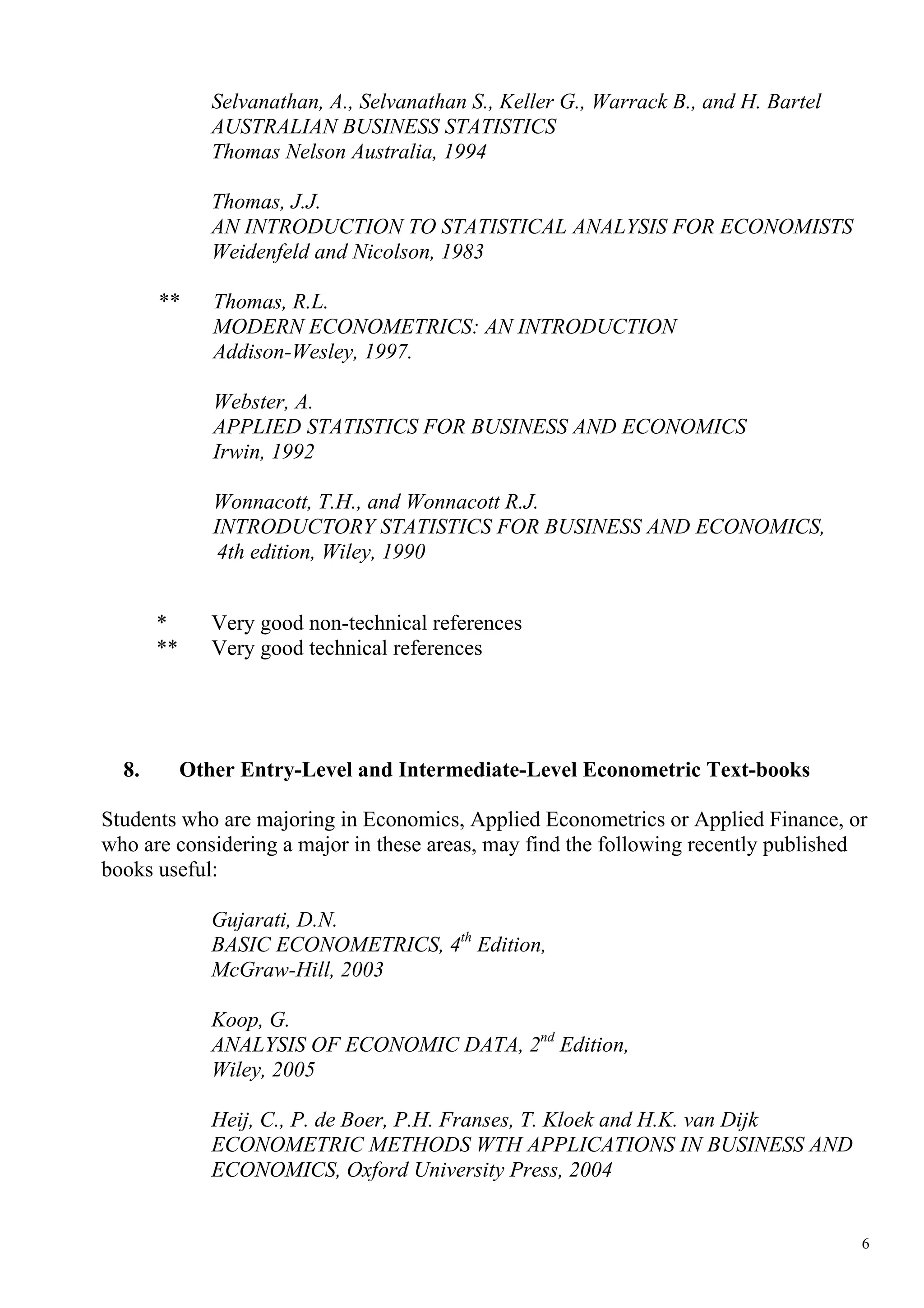 Selvanathan, A., Selvanathan S., Keller G., Warrack B., and H. Bartel
               AUSTRALIAN BUSINESS STATISTICS
               Thomas Nelson Australia, 1994

               Thomas, J.J.
               AN INTRODUCTION TO STATISTICAL ANALYSIS FOR ECONOMISTS
               Weidenfeld and Nicolson, 1983

       **      Thomas, R.L.
               MODERN ECONOMETRICS: AN INTRODUCTION
               Addison-Wesley, 1997.

               Webster, A.
               APPLIED STATISTICS FOR BUSINESS AND ECONOMICS
               Irwin, 1992

               Wonnacott, T.H., and Wonnacott R.J.
               INTRODUCTORY STATISTICS FOR BUSINESS AND ECONOMICS,
                4th edition, Wiley, 1990


       *       Very good non-technical references
       **      Very good technical references




  8.        Other Entry-Level and Intermediate-Level Econometric Text-books

Students who are majoring in Economics, Applied Econometrics or Applied Finance, or
who are considering a major in these areas, may find the following recently published
books useful:

               Gujarati, D.N.
               BASIC ECONOMETRICS, 4th Edition,
               McGraw-Hill, 2003

               Koop, G.
               ANALYSIS OF ECONOMIC DATA, 2nd Edition,
               Wiley, 2005

               Heij, C., P. de Boer, P.H. Franses, T. Kloek and H.K. van Dijk
               ECONOMETRIC METHODS WTH APPLICATIONS IN BUSINESS AND
               ECONOMICS, Oxford University Press, 2004


                                                                                       6
 