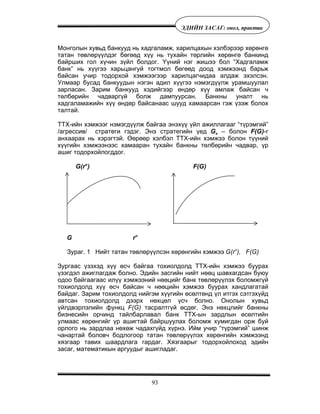 93
ÝÄÈÉÍ ÇÀÑÀÃ: îíîë, ïðàêòèê
Ìîíãîëûí õóâüä áàíêóóä íü õàäãàëàìæ, õàðèëöàõûí õýëáýðýýð õºðºíãº
òàòàí òºâëºð¿¿ëäýã áºãººä õ¿¿ íü òóõàéí òºðëèéí õºðºíãº áàíêèíä
áàéðøèõ ãîë õ¿÷èí ç¿éë áîëäîã. ¯¿íèé íýã æèøýý áîë “Õàäãàëàìæ
áàíê” íü õ¿¿ãýý õàðüöàíãóé òîãòìîë áºãººä äîîä õýìæýýíä áàðüæ
áàéñàí ó÷èð òîäîðõîé õýìæýýãýýð õàðèëöàã÷èäàà àëäàæ ýõýëñýí.
Óëìààð áóñàä áàíêóóäûí íýãýí àäèë õ¿¿ãýý íýìýãä¿¿ëæ óðàìøóóëàë
çàðëàñàí. Çàðèì áàíêóóä õýäèéãýýð ºíäºð õ¿¿ àìëàæ áàéñàí ÷
òºëáºðèéí ÷àäâàðã¿é áîëæ äàìïóóðñàí. Áàíêíû óíàëò íü
õàäãàëàìàæèéí õ¿¿ ºíäºð áàéñàíààñ øóóä õàìààðñàí ãýæ ¿çýæ áîëîõ
òàëòàé.
ÒÒÕ-èéí õýìæýýã íýìýãä¿¿ëæ áàéãàà ýíýõ¿¿ ¿éë àæèëëàãààã “ò¿ðýìãèé”
/àãðåññèâ/ ñòðàòåãè ãýäýã. Ýíý ñòðàòåãèéí ¿åä Gê – áîëîí F(G)-ã
àíõààðàõ íü õýðýãòýé. ªºðººð õýëáýë ÒÒÕ-èéí õýìæýý áîëîí ò¿¿íèé
õ¿¿ãèéí õýìæýýíýýñ õàìààðàí òóõàéí áàíêíû òºëáºðèéí ÷àäâàð, ¿ð
àøèã òîäîðõîéëîãääîã.
G(rn
) F(G)
G rï
Çóðàã. 1 Íèéò òàòàí òºâëºð¿¿ëñýí õºðºíãèéí õýìæýý G(rn
), F(G)
Çóðãààñ ¿çýõýä õ¿¿ ºñ÷ áàéãàà òîõèîëäîëä ÒÒÕ-èéí õýìæýý áóóðàõ
¿çýãäýë àæèãëàãäàæ áîëíî. Ýäèéí çàñãèéí íèéò íººö øàâõàãäñàí áóþó
îäîî áàéãààãààñ èë¿¿ õýìæýýíèé íººöèéã áàíê òºâëºð¿¿ëýõ áîëîìæã¿é
òîõèîëäîëä õ¿¿ ºñ÷ áàéñàí ÷ íººöèéí õýìæýý áóóðàõ õàíäëàãàòàé
áàéäàã. Çàðèì òîõèîëäîëä íèéãýì õ¿¿ãèéí ºñºëòºíä ¿ë èòãýõ ñýòãýõ¿éä
àâòñàí òîõèîëäîëä äýýðõ íºõöºë ¿ñ÷ áîëíî. Îíîëûí õóâüä
¿éëäâýðëýëèéí ôóíêö F(G) òàñðàëòã¿é ºñäºã. Ýíý íºõöëèéã áàíêíû
áèçíåñèéí îð÷èíä òàéëáàðëàâàë áàíê ÒÒÕ-ûí çàðäëûí ºñºëòèéí
óëìààñ õºðºíãèéã ¿ð àøèãòàé áàéðøóóëàõ áîëîìæ õóìèãäàí îðæ áóé
îðëîãî íü çàðäëàà íºõºæ ÷àäàõã¿éä õ¿ðíý. Èéì ó÷èð “ò¿ðýìãèé” øèíæ
÷àíàðòàé áîëîâ÷ áîäëîãîîð òàòàí òºâëºð¿¿ëýõ õºðºíãèéí õýìæýýíä
õÿçãààð òàâèõ øààðäëàãà ãàðäàã. Õÿçãààðûã òîäîðõîéëîõîä ýäèéí
çàñàã, ìàòåìàòèêûí àðãóóäûã àøèãëàäàã.
 
