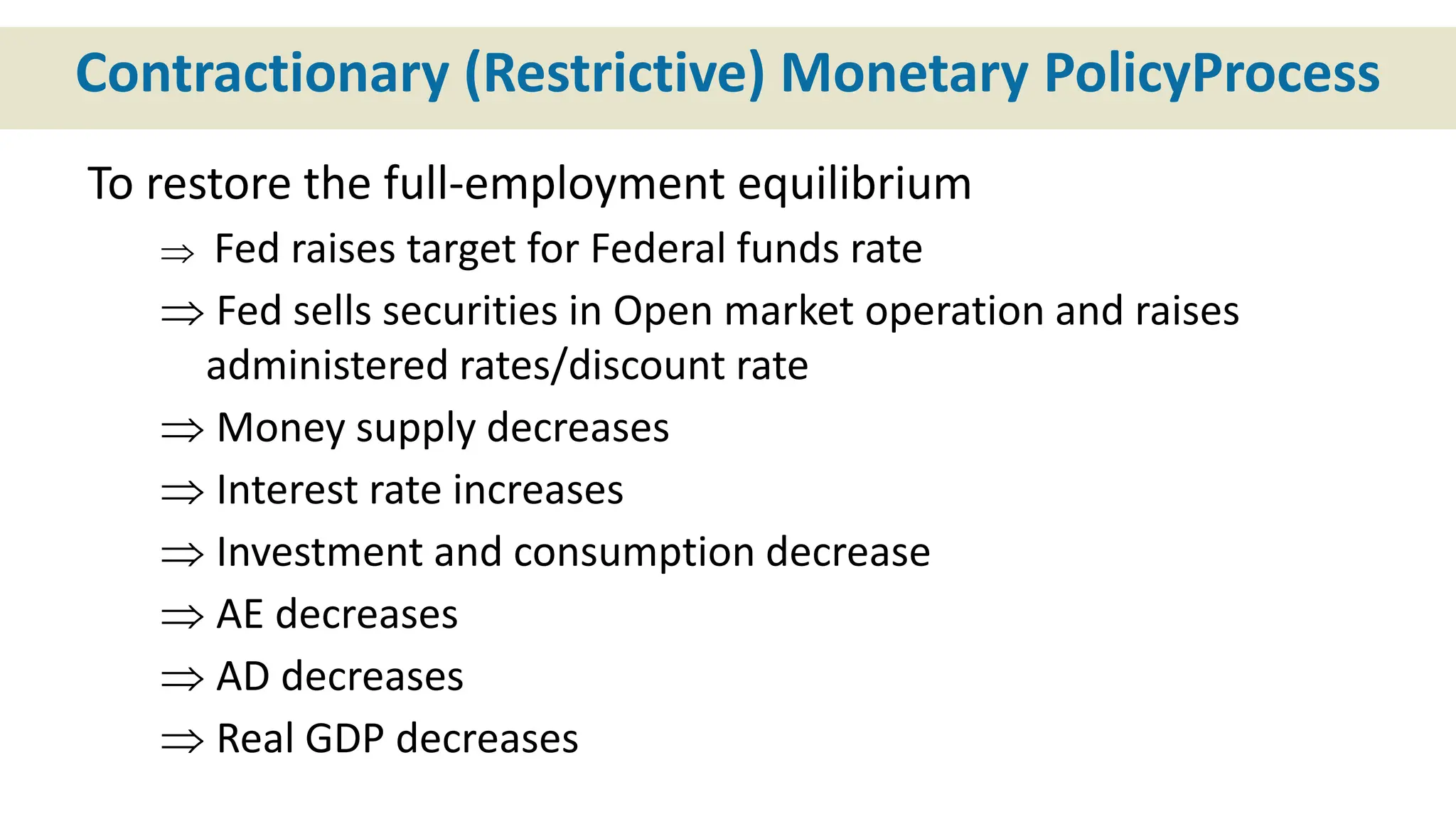 Contractionary (Restrictive) Monetary PolicyProcess
To restore the full-employment equilibrium
 Fed raises target for Federal funds rate
 Fed sells securities in Open market operation and raises
administered rates/discount rate
 Money supply decreases
 Interest rate increases
 Investment and consumption decrease
 AE decreases
 AD decreases
 Real GDP decreases
 