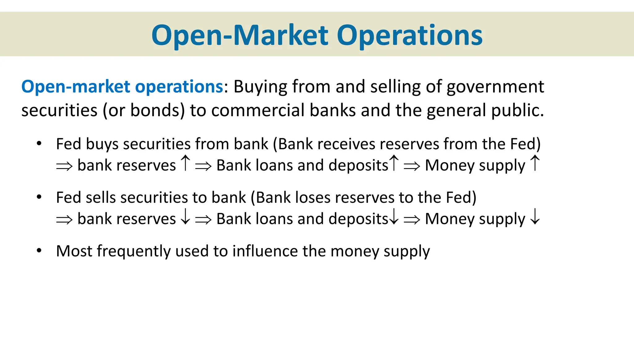 Open-Market Operations
Open-market operations: Buying from and selling of government
securities (or bonds) to commercial banks and the general public.
• Fed buys securities from bank (Bank receives reserves from the Fed)
 bank reserves   Bank loans and deposits  Money supply 
• Fed sells securities to bank (Bank loses reserves to the Fed)
 bank reserves   Bank loans and deposits  Money supply 
• Most frequently used to influence the money supply
 