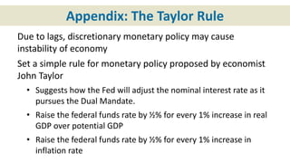 Appendix: The Taylor Rule
Due to lags, discretionary monetary policy may cause
instability of economy
Set a simple rule for monetary policy proposed by economist
John Taylor
• Suggests how the Fed will adjust the nominal interest rate as it
pursues the Dual Mandate.
• Raise the federal funds rate by ½% for every 1% increase in real
GDP over potential GDP
• Raise the federal funds rate by ½% for every 1% increase in
inflation rate
 