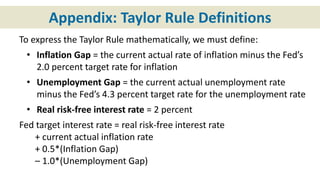 Appendix: Taylor Rule Definitions
To express the Taylor Rule mathematically, we must define:
• Inflation Gap = the current actual rate of inflation minus the Fed’s
2.0 percent target rate for inflation
• Unemployment Gap = the current actual unemployment rate
minus the Fed’s 4.3 percent target rate for the unemployment rate
• Real risk-free interest rate = 2 percent
Fed target interest rate = real risk-free interest rate
+ current actual inflation rate
+ 0.5*(Inflation Gap)
– 1.0*(Unemployment Gap)
 