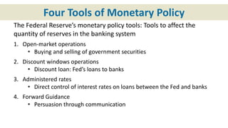 Four Tools of Monetary Policy
The Federal Reserve’s monetary policy tools: Tools to affect the
quantity of reserves in the banking system
1. Open-market operations
• Buying and selling of government securities
2. Discount windows operations
• Discount loan: Fed’s loans to banks
3. Administered rates
• Direct control of interest rates on loans between the Fed and banks
4. Forward Guidance
• Persuasion through communication
 