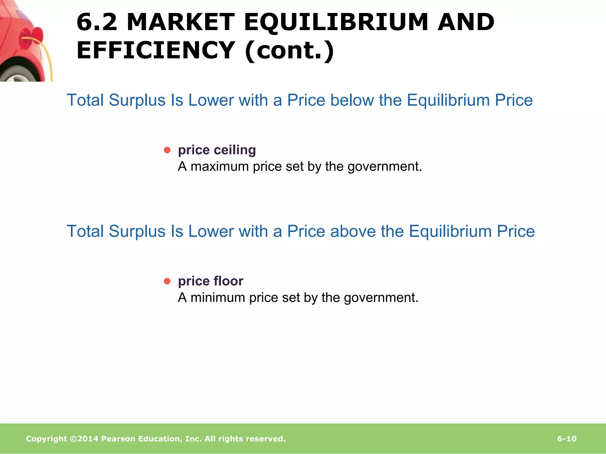 Copyright ©2014 Pearson Education, Inc. All rights reserved. 6-10
Total Surplus Is Lower with a Price below the Equilibrium Price
● price ceiling
A maximum price set by the government.
Total Surplus Is Lower with a Price above the Equilibrium Price
● price floor
A minimum price set by the government.
6.2 MARKET EQUILIBRIUM AND
EFFICIENCY (cont.)
 