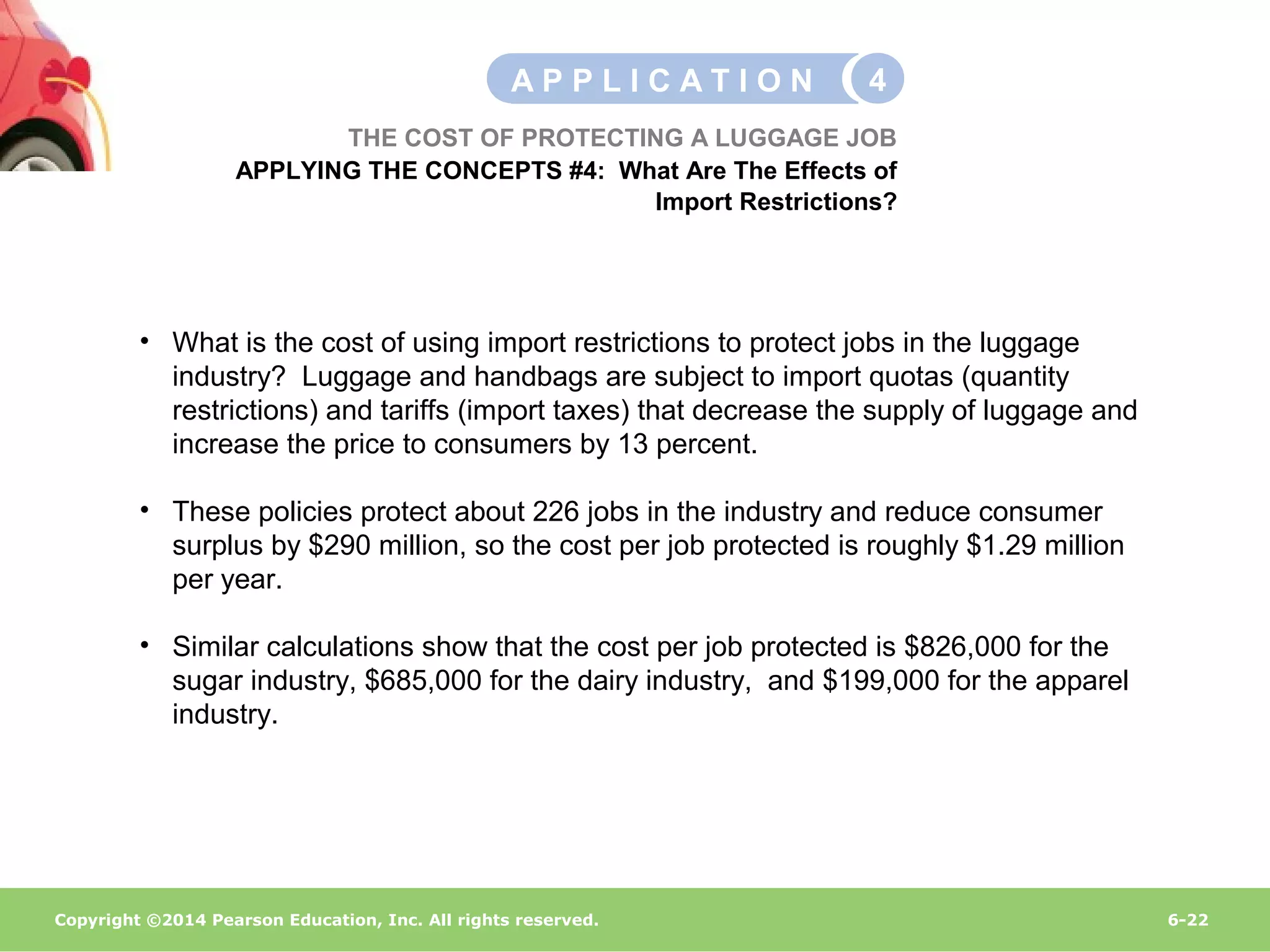 Copyright ©2014 Pearson Education, Inc. All rights reserved. 6-22
• What is the cost of using import restrictions to protect jobs in the luggage
industry? Luggage and handbags are subject to import quotas (quantity
restrictions) and tariffs (import taxes) that decrease the supply of luggage and
increase the price to consumers by 13 percent.
• These policies protect about 226 jobs in the industry and reduce consumer
surplus by $290 million, so the cost per job protected is roughly $1.29 million
per year.
• Similar calculations show that the cost per job protected is $826,000 for the
sugar industry, $685,000 for the dairy industry, and $199,000 for the apparel
industry.
THE COST OF PROTECTING A LUGGAGE JOB
APPLYING THE CONCEPTS #4: What Are The Effects of
Import Restrictions?
A P P L I C A T I O N 4
 