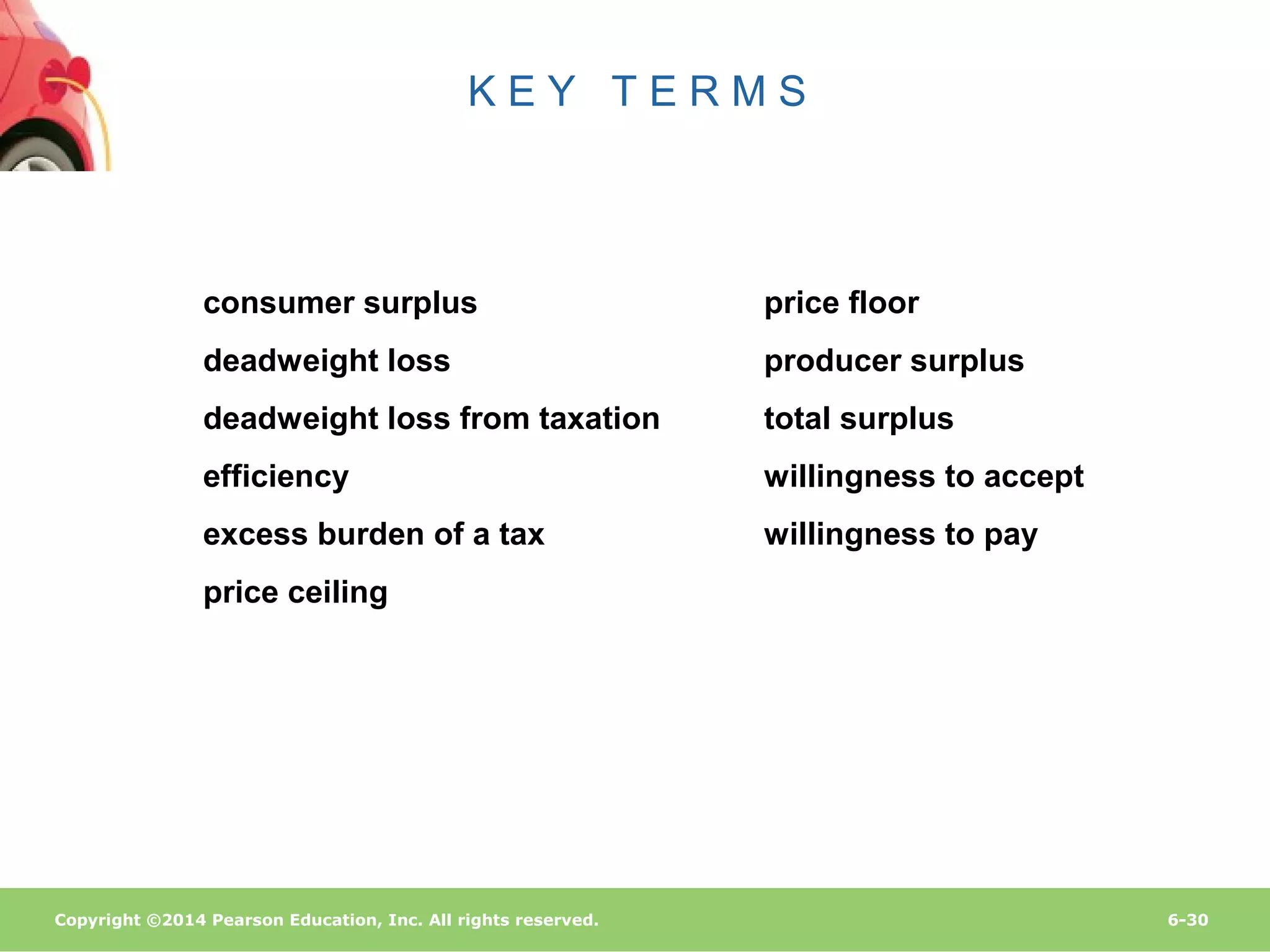 Copyright ©2014 Pearson Education, Inc. All rights reserved. 6-30
consumer surplus
deadweight loss
deadweight loss from taxation
efficiency
excess burden of a tax
price ceiling
price floor
producer surplus
total surplus
willingness to accept
willingness to pay
K E Y T E R M S
 