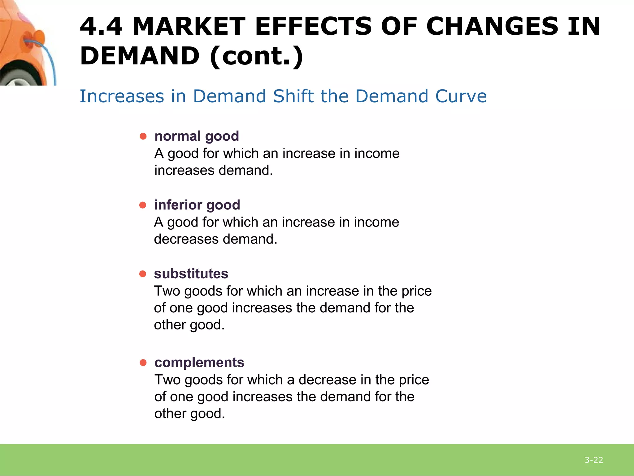 3-22
Increases in Demand Shift the Demand Curve
● normal good
A good for which an increase in income
increases demand.
● inferior good
A good for which an increase in income
decreases demand.
● substitutes
Two goods for which an increase in the price
of one good increases the demand for the
other good.
● complements
Two goods for which a decrease in the price
of one good increases the demand for the
other good.
4.4 MARKET EFFECTS OF CHANGES IN
DEMAND (cont.)
 