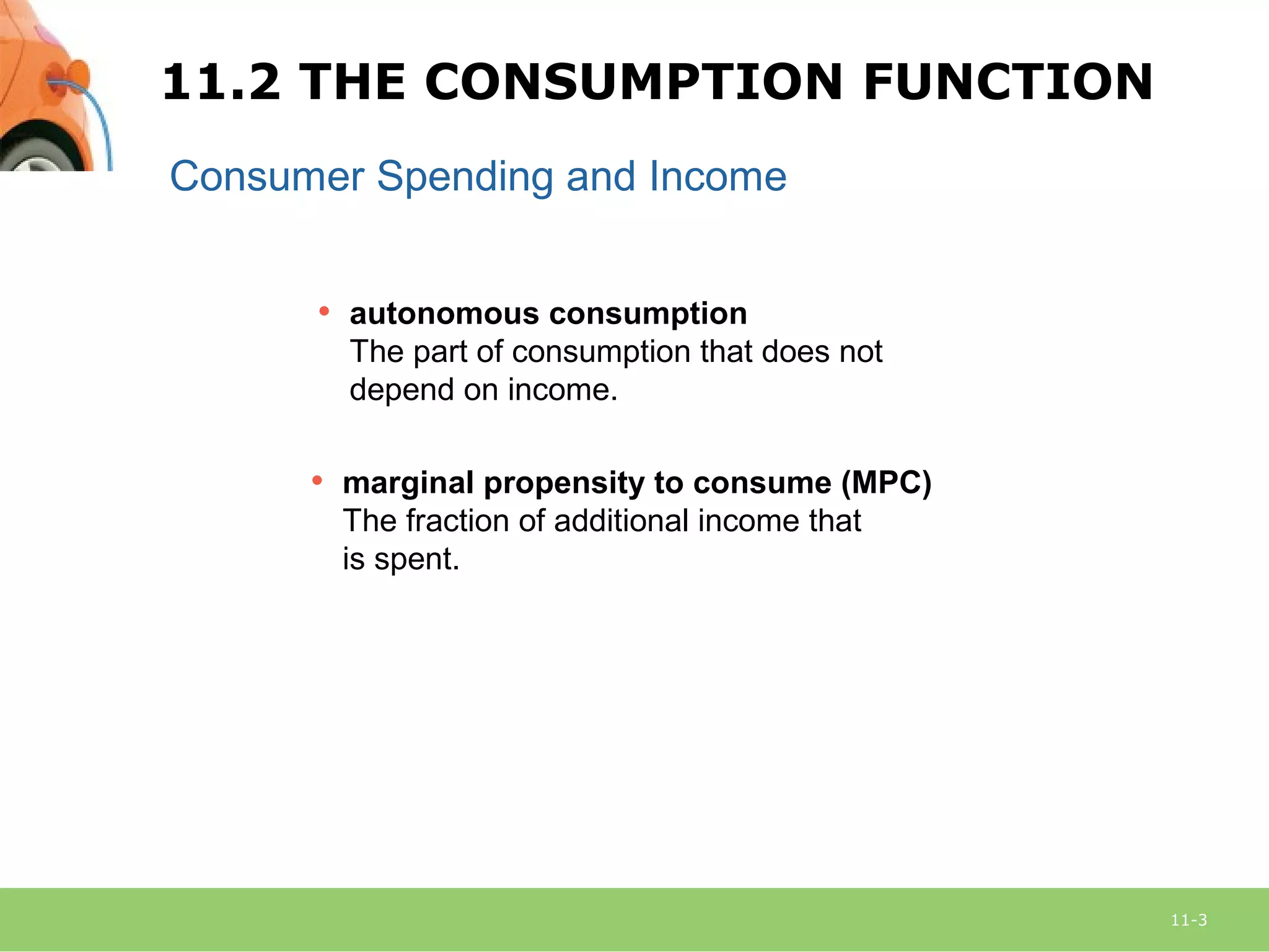 11-3
Consumer Spending and Income
• autonomous consumption
The part of consumption that does not
depend on income.
• marginal propensity to consume (MPC)
The fraction of additional income that
is spent.
11.2 THE CONSUMPTION FUNCTION