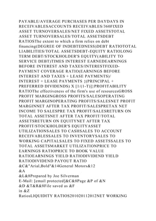 PAYABLE/AVERAGE PURCHASES PER DAYDAYS IN
RECEIVABLESACCOUNTS RECEIVABLES/360FIXED
ASSET TURNOVERSALES/NET FIXED ASSETSTOTAL
ASSET TURNOVERSALES/TOTAL ASSETSDEBT
RATIOSThe extent to which a firm relies on debt
financing(DEGREE OF INDEBTEDNESS)DEBT RATIOTOTAL
LIABILITIES/TOTAL ASSETSDEBT-EQUITY RATIOLONG
TERM DEBT/STOCKHOLDER'S EQUITY(ABILITY TO
SERVICE DEBT)TIMES INTEREST EARNEDEARNINGS
BEFORE INTEREST AND TAXES/INTERESTFIXED-
PAYMENT COVERAGE RATIO(EARNINGS BEFORE
INTEREST AND TAXES + LEASE PAYMENTS)/
INTEREST + LEASE PAYMENTS {(PRINCIPAL +
PREFERRED DIVIDENDS) X [1/(1-T)]}PROFITABILITY
RATIOThe effectiveness of the firm's use of resourcesGROSS
PROFIT MARGINGROSS PROFITS/SALESOPERATING
PROFIT MARGINOPERATING PROFITS/SALESNET PROFIT
MARGINNET AFTER TAX PROFIT/SALESPRETAX NET
INCOME TO SALESPRE TAX PROFIT/SALESRETURN ON
TOTAL ASSETSNET AFTER TAX PROFIT/TOTAL
ASSETSRETURN ON EQUITYNET AFTER TAX
PROFIT/STOCKHOLDER'S EQUITYASSET
UTILIZATIONSALES TO CASHSALES TO ACCOUNT
RECEIVABLESSALES TO INVENTORYSALES TO
WORKING CAPITALSALES TO FIXED ASSETSSALES TO
TOTAL ASSETSMARKET UTILIZATIONPRICE TO
EARNINGS RATIOPRICE TO BOOK VALUE
RATIOEARNINGS YIELD RATIODIVIDEND YIELD
RATIODIVIDEND PAYOUT RATIO
&C&"Arial,Bold"&14General Motors&12
&A
&L&8Prepared by Joe Silverman
E-Mail: [email protected]&C&8Page &P of &N
&D &T&R&8File saved as &F
in &Z
RatiosLIQUIDITY RATIOS201020112012NET WORKING
 