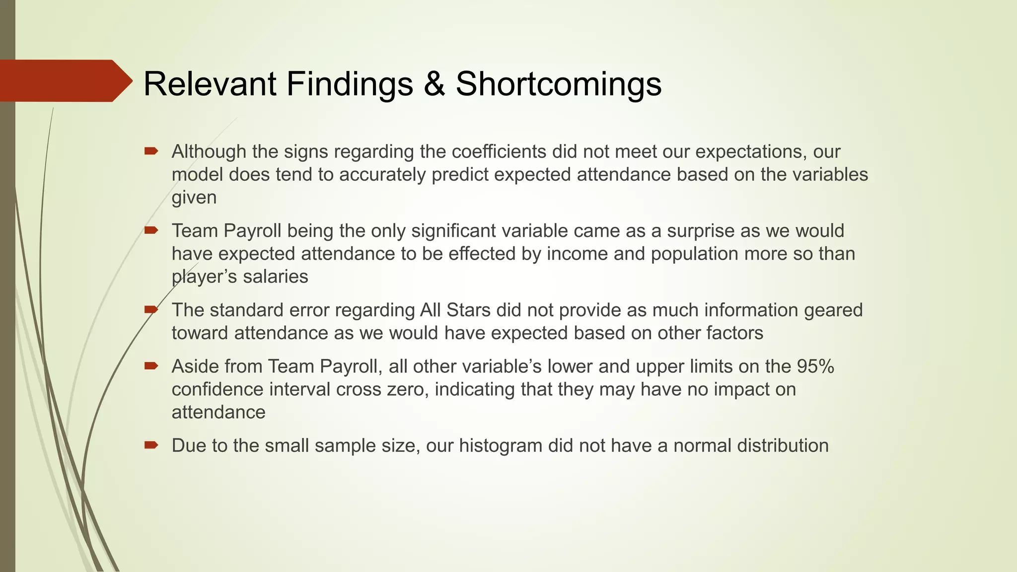 Relevant Findings & Shortcomings
 Although the signs regarding the coefficients did not meet our expectations, our
model does tend to accurately predict expected attendance based on the variables
given
 Team Payroll being the only significant variable came as a surprise as we would
have expected attendance to be effected by income and population more so than
player’s salaries
 The standard error regarding All Stars did not provide as much information geared
toward attendance as we would have expected based on other factors
 Aside from Team Payroll, all other variable’s lower and upper limits on the 95%
confidence interval cross zero, indicating that they may have no impact on
attendance
 Due to the small sample size, our histogram did not have a normal distribution
 