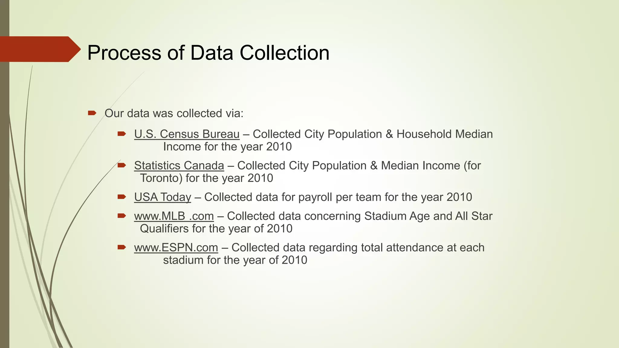  Our data was collected via:
Process of Data Collection
 U.S. Census Bureau – Collected City Population & Household Median
Income for the year 2010
 Statistics Canada – Collected City Population & Median Income (for
Toronto) for the year 2010
 USA Today – Collected data for payroll per team for the year 2010
 www.MLB .com – Collected data concerning Stadium Age and All Star
Qualifiers for the year of 2010
 www.ESPN.com – Collected data regarding total attendance at each
stadium for the year of 2010
 