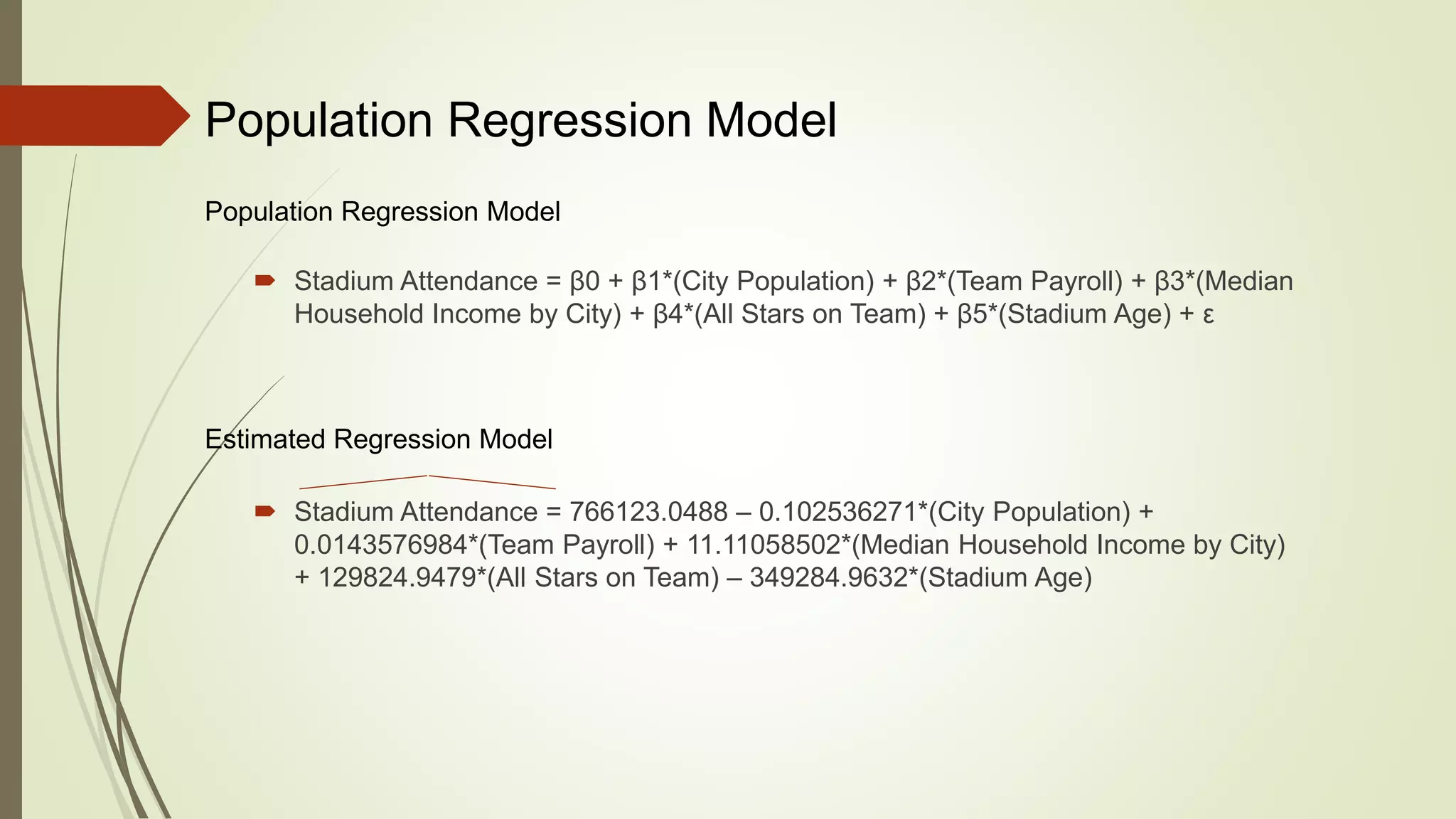  Stadium Attendance = β0 + β1*(City Population) + β2*(Team Payroll) + β3*(Median
Household Income by City) + β4*(All Stars on Team) + β5*(Stadium Age) + ε
Population Regression Model
Estimated Regression Model
Population Regression Model
 Stadium Attendance = 766123.0488 – 0.102536271*(City Population) +
0.0143576984*(Team Payroll) + 11.11058502*(Median Household Income by City)
+ 129824.9479*(All Stars on Team) – 349284.9632*(Stadium Age)
 