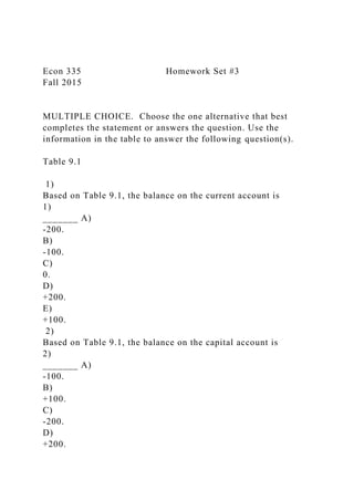 Econ 335 Homework Set #3
Fall 2015
MULTIPLE CHOICE. Choose the one alternative that best
completes the statement or answers the question. Use the
information in the table to answer the following question(s).
Table 9.1
1)
Based on Table 9.1, the balance on the current account is
1)
_______ A)
-200.
B)
-100.
C)
0.
D)
+200.
E)
+100.
2)
Based on Table 9.1, the balance on the capital account is
2)
_______ A)
-100.
B)
+100.
C)
-200.
D)
+200.
 