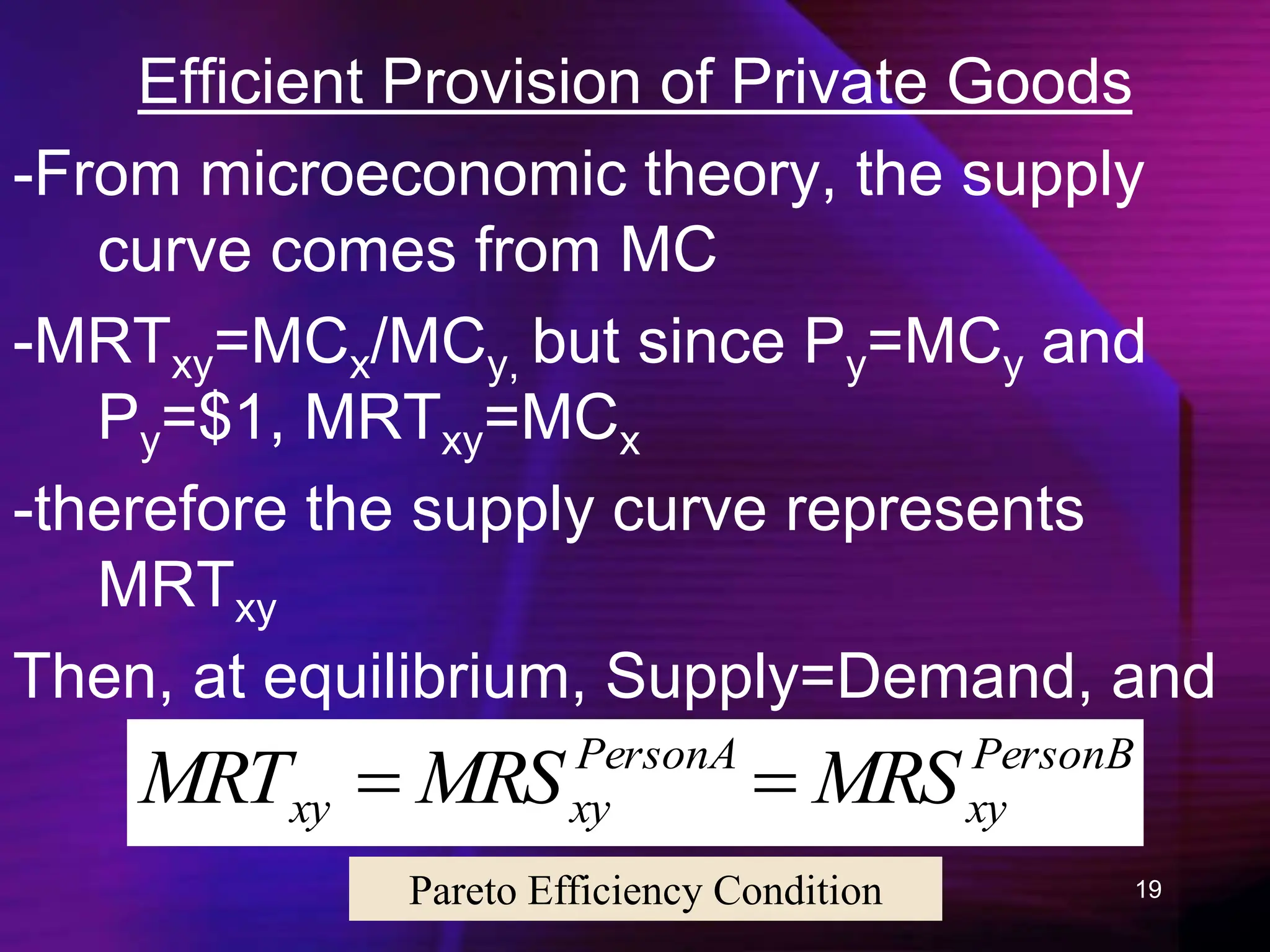 19
Efficient Provision of Private Goods
-From microeconomic theory, the supply
curve comes from MC
-MRTxy=MCx/MCy, but since Py=MCy and
Py=$1, MRTxy=MCx
-therefore the supply curve represents
MRTxy
Then, at equilibrium, Supply=Demand, and
PersonB
xy
PersonA
xy
xy MRS
MRS
MRT 

Pareto Efficiency Condition
 