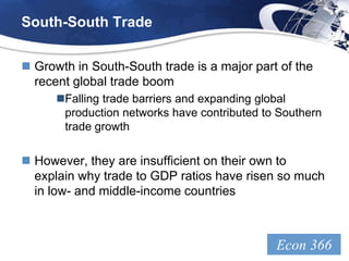 South-South Trade


 Growth in South-South trade is a major part of the
  recent global trade boom
      Falling trade barriers and expanding global
       production networks have contributed to Southern
       trade growth

 However, they are insufficient on their own to
  explain why trade to GDP ratios have risen so much
  in low- and middle-income countries



                                              Econ 366
                                                LOGO
 