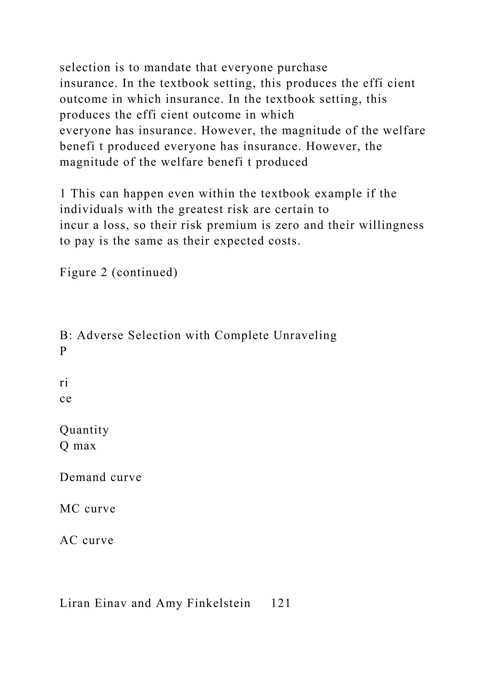 selection is to mandate that everyone purchase
insurance. In the textbook setting, this produces the effi cient
outcome in which insurance. In the textbook setting, this
produces the effi cient outcome in which
everyone has insurance. However, the magnitude of the welfare
benefi t produced everyone has insurance. However, the
magnitude of the welfare benefi t produced
1 This can happen even within the textbook example if the
individuals with the greatest risk are certain to
incur a loss, so their risk premium is zero and their willingness
to pay is the same as their expected costs.
Figure 2 (continued)
B: Adverse Selection with Complete Unraveling
P
ri
ce
Quantity
Q max
Demand curve
MC curve
AC curve
Liran Einav and Amy Finkelstein 121
 