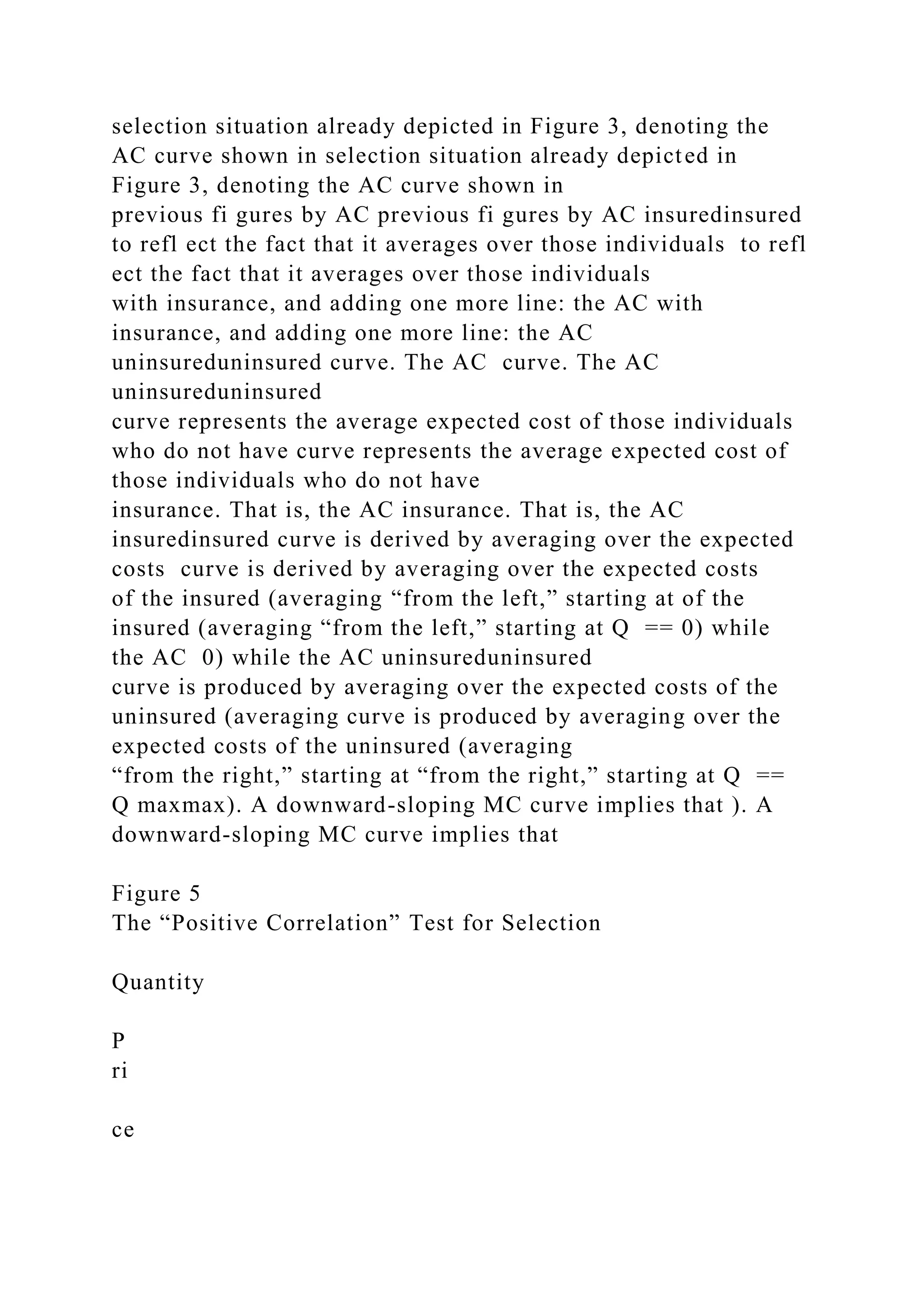 selection situation already depicted in Figure 3, denoting the
AC curve shown in selection situation already depicted in
Figure 3, denoting the AC curve shown in
previous fi gures by AC previous fi gures by AC insuredinsured
to refl ect the fact that it averages over those individuals to refl
ect the fact that it averages over those individuals
with insurance, and adding one more line: the AC with
insurance, and adding one more line: the AC
uninsureduninsured curve. The AC curve. The AC
uninsureduninsured
curve represents the average expected cost of those individuals
who do not have curve represents the average expected cost of
those individuals who do not have
insurance. That is, the AC insurance. That is, the AC
insuredinsured curve is derived by averaging over the expected
costs curve is derived by averaging over the expected costs
of the insured (averaging “from the left,” starting at of the
insured (averaging “from the left,” starting at Q == 0) while
the AC 0) while the AC uninsureduninsured
curve is produced by averaging over the expected costs of the
uninsured (averaging curve is produced by averaging over the
expected costs of the uninsured (averaging
“from the right,” starting at “from the right,” starting at Q ==
Q maxmax). A downward-sloping MC curve implies that ). A
downward-sloping MC curve implies that
Figure 5
The “Positive Correlation” Test for Selection
Quantity
P
ri
ce
 
