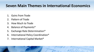 Seven Main Themes in International Economics
1. Gains from Trade
2. Pattern of Trade
3. How Much to Trade
4. Balance of Payments*
5. Exchange Rate Determination*
6. International Policy Coordination*
7. International Capital Market*
 