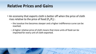 Relative Prices and Gains
• An economy that exports cloth is better off when the price of cloth
rises relative to the price of food (PC/PF) :
– the isovalue line becomes steeper and a higher indifference curve can be
reached.
– A higher relative price of cloth means that more units of food can be
imported for every unit of cloth exported.
 