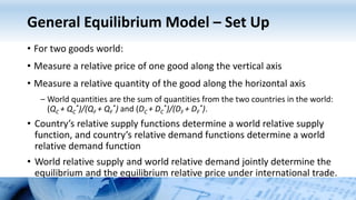 General Equilibrium Model – Set Up
• For two goods world:
• Measure a relative price of one good along the vertical axis
• Measure a relative quantity of the good along the horizontal axis
– World quantities are the sum of quantities from the two countries in the world:
(QC + QC
*)/(QF + QF
*) and (DC + DC
*)/(DF + DF
*).
• Country’s relative supply functions determine a world relative supply
function, and country’s relative demand functions determine a world
relative demand function
• World relative supply and world relative demand jointly determine the
equilibrium and the equilibrium relative price under international trade.
 