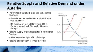 Relative Supply and Relative Demand under
Autarky
• Preference is assumed to be the same in two
countries.
– the relative demand curves are identical in
two countries.
– RD curve represents RD in Home, RD in
Foreign, as well as RD in world (Home +
Foreign).
• Relative supply of cloth is greater in Home than
Foreign.
– RS of Home lies right of RS of Foreign.
• Relative price of cloth is lower in Home.
 