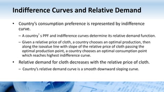 Indifference Curves and Relative Demand
• Country’s consumption preference is represented by indifference
curve.
– A country’s PPF and indifference curves determine its relative demand function.
– Given a relative price of cloth, a country chooses an optimal production, then
along the isovalue line with slope of the relative price of cloth passing the
optimal production point, a country chooses an optimal consumption point
which reaches highest indifference curve.
• Relative demand for cloth decreases with the relative price of cloth.
– Country’s relative demand curve is a smooth downward sloping curve.
 
