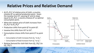 Relative Prices and Relative Demand
• At (PC /PF)1 of relative price of cloth, a country
chooses Q1 as optimal production point. Given
the isovalue line VV1, passing Q1 and its slope
equal to (PC /PF)1, a country chooses D1 as optimal
consumption point.
• When the relative price of cloth increases from
(PC /PF)1 to (PC /PF)2
• Production shifts from point Q1 to point Q2.
• Isovalue line shifts from VV1 to VV2.
• Consumption choice shifts from point D1 to point
D2.
– Consumption of cloth increases from QC
1 to QC
2.
– Consumption of food increases from QF
1 to QF
2.
• Relative Demand for cloth falls from (QC
1/QF
1) to
(QC
2/QF
2) .
 