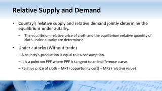Relative Supply and Demand
• Country’s relative supply and relative demand jointly determine the
equilibrium under autarky.
– The equilibrium relative price of cloth and the equilibrium relative quantity of
cloth under autarky are determined.
• Under autarky (Without trade)
– A country’s production is equal to its consumption.
– It is a point on PPF where PPF is tangent to an indifference curve.
– Relative price of cloth = MRT (opportunity cost) = MRS (relative value)
 