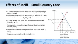 Effects of Tariff – Small Country Case
• A small country cannot affect the world price (foreign
export price).
• domestic price must increase by t (an amount of tariff).
PT = PW + t
• A tariff makes the price rise in the domestic market
from PW to PT.
• Consumers reduce their purchase and consumption
from D1 to D2.
• Producers increase their production and sales from S1
to S2.
• Imports decrease from D1-S1 to D2-S2.
PT =
 