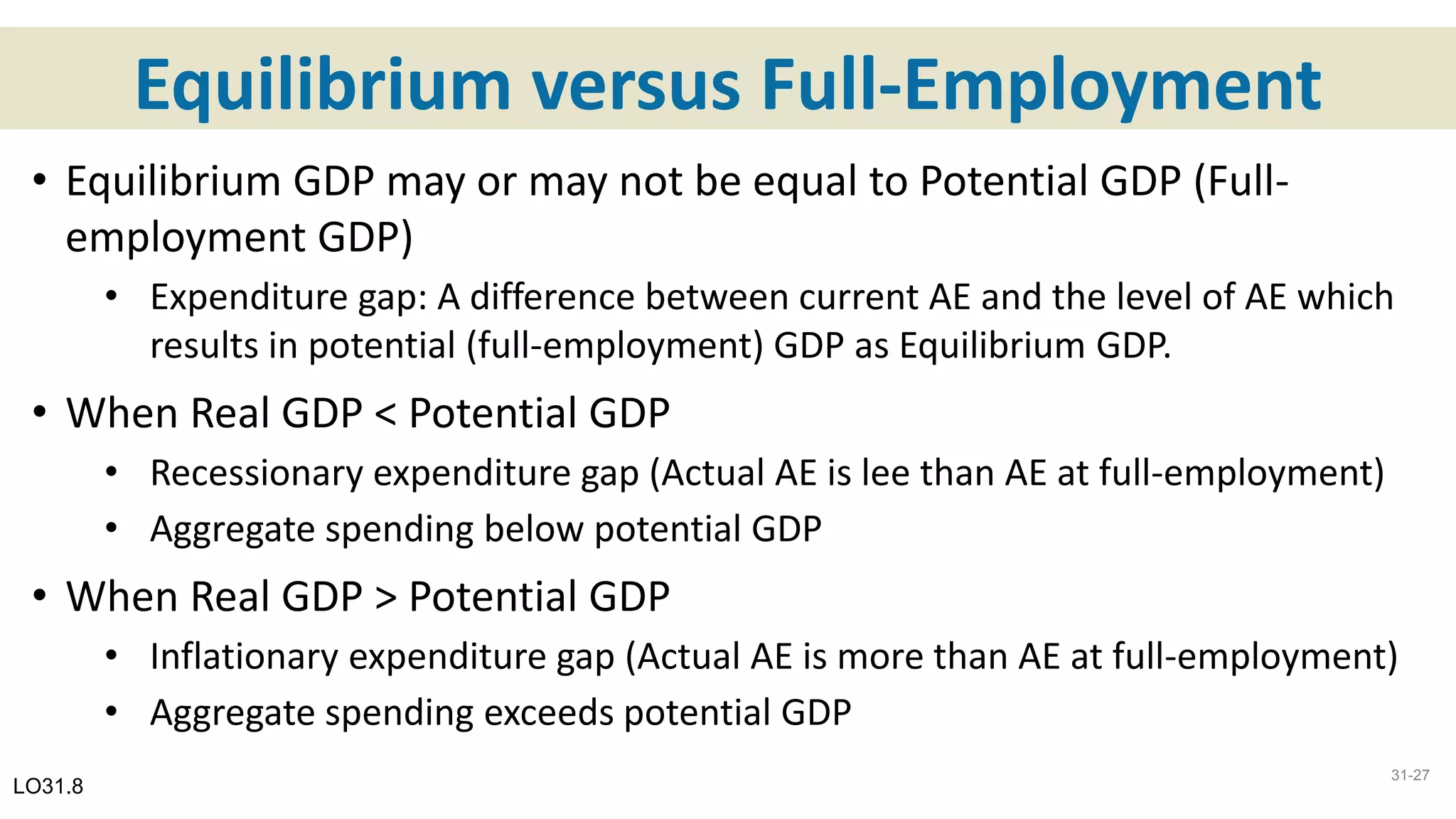Equilibrium versus Full-Employment
• Equilibrium GDP may or may not be equal to Potential GDP (Full-
employment GDP)
• Expenditure gap: A difference between current AE and the level of AE which
results in potential (full-employment) GDP as Equilibrium GDP.
• When Real GDP < Potential GDP
• Recessionary expenditure gap (Actual AE is lee than AE at full-employment)
• Aggregate spending below potential GDP
• When Real GDP > Potential GDP
• Inflationary expenditure gap (Actual AE is more than AE at full-employment)
• Aggregate spending exceeds potential GDP
LO31.8
31-27
 