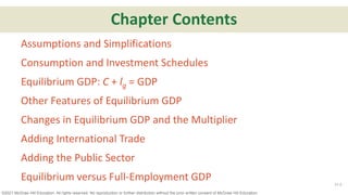 ©2021 McGraw Hill Education. All rights reserved. No reproduction or further distribution without the prior written consent of McGraw Hill Education.
Chapter Contents
Assumptions and Simplifications
Consumption and Investment Schedules
Equilibrium GDP: C + lg = GDP
Other Features of Equilibrium GDP
Changes in Equilibrium GDP and the Multiplier
Adding International Trade
Adding the Public Sector
Equilibrium versus Full-Employment GDP 31-2
 
