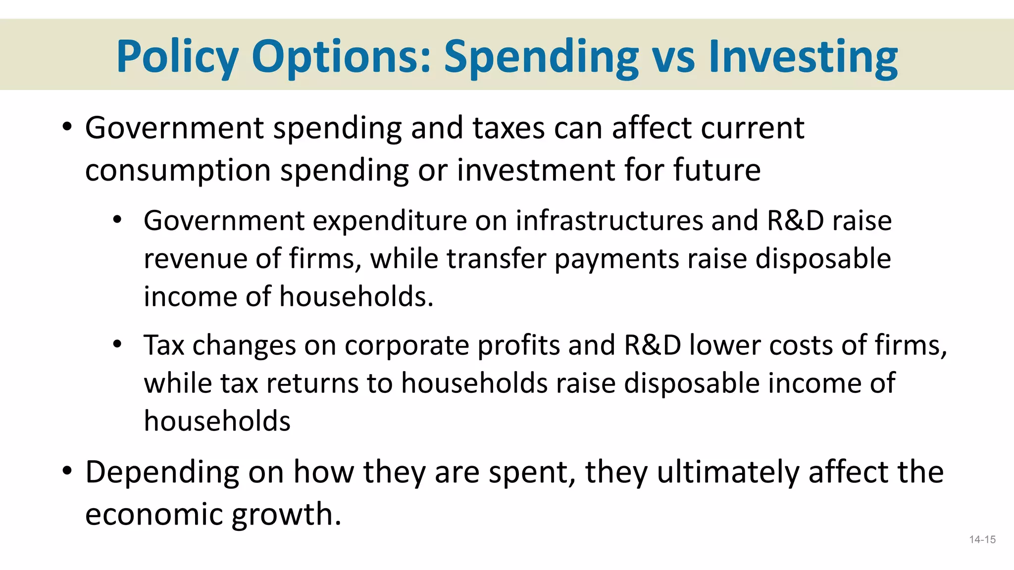 Policy Options: Spending vs Investing
• Government spending and taxes can affect current
consumption spending or investment for future
• Government expenditure on infrastructures and R&D raise
revenue of firms, while transfer payments raise disposable
income of households.
• Tax changes on corporate profits and R&D lower costs of firms,
while tax returns to households raise disposable income of
households
• Depending on how they are spent, they ultimately affect the
economic growth.
14-15
 