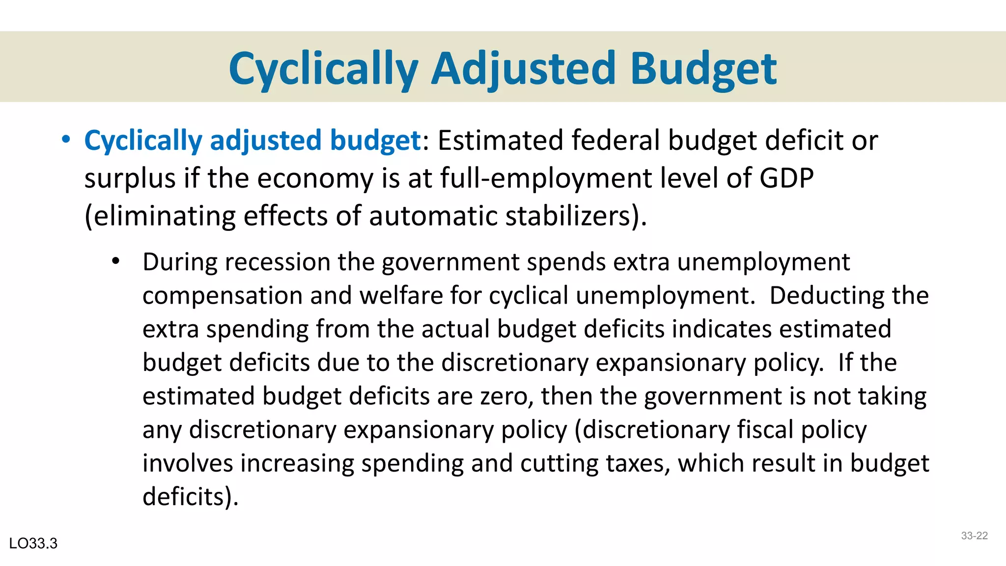 Cyclically Adjusted Budget
• Cyclically adjusted budget: Estimated federal budget deficit or
surplus if the economy is at full-employment level of GDP
(eliminating effects of automatic stabilizers).
• During recession the government spends extra unemployment
compensation and welfare for cyclical unemployment. Deducting the
extra spending from the actual budget deficits indicates estimated
budget deficits due to the discretionary expansionary policy. If the
estimated budget deficits are zero, then the government is not taking
any discretionary expansionary policy (discretionary fiscal policy
involves increasing spending and cutting taxes, which result in budget
deficits).
LO33.3
33-22
 