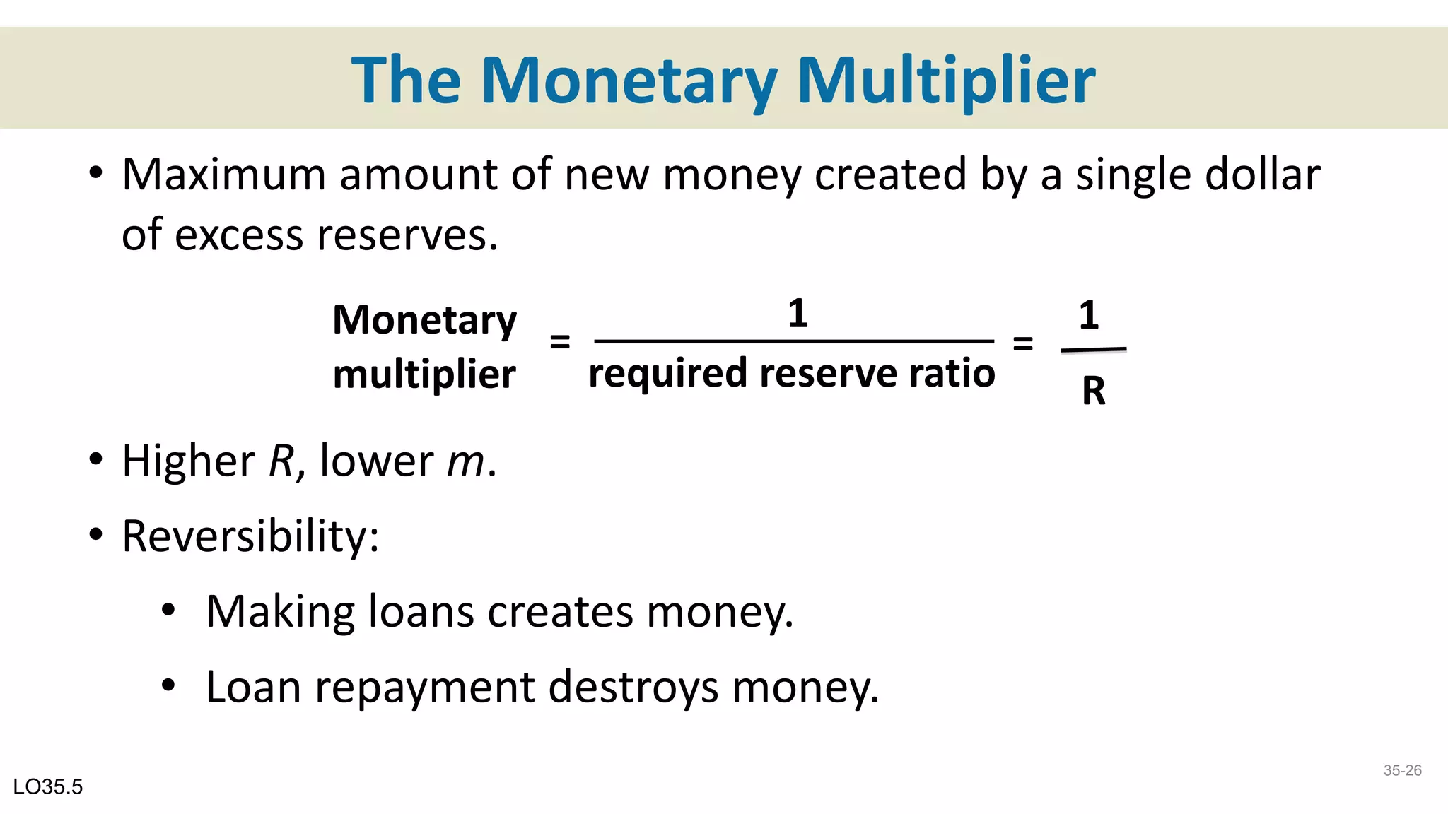 The Monetary Multiplier
• Maximum amount of new money created by a single dollar
of excess reserves.
• Higher R, lower m.
• Reversibility:
• Making loans creates money.
• Loan repayment destroys money.
LO35.5
35-26
Monetary
multiplier
=
1
required reserve ratio
=
1
R
 