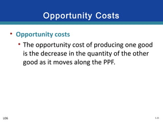 1-21
Opportunity Costs
• Opportunity costs
• The opportunity cost of producing one good
is the decrease in the quantity of the other
good as it moves along the PPF.
LO6