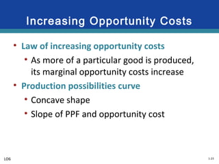 1-23
Increasing Opportunity Costs
• Law of increasing opportunity costs
• As more of a particular good is produced,
its marginal opportunity costs increase
• Production possibilities curve
• Concave shape
• Slope of PPF and opportunity cost
LO6