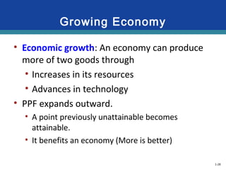 1-28
Growing Economy
• Economic growth: An economy can produce
more of two goods through
• Increases in its resources
• Advances in technology
• PPF expands outward.
• A point previously unattainable becomes
attainable.
• It benefits an economy (More is better)