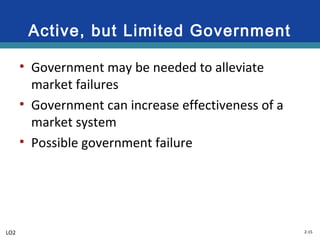 2-15
Active, but Limited Government
• Government may be needed to alleviate
market failures
• Government can increase effectiveness of a
market system
• Possible government failure
LO2
 