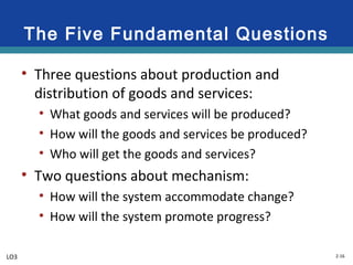 2-16
The Five Fundamental Questions
• Three questions about production and
distribution of goods and services:
• What goods and services will be produced?
• How will the goods and services be produced?
• Who will get the goods and services?
• Two questions about mechanism:
• How will the system accommodate change?
• How will the system promote progress?
LO3
 