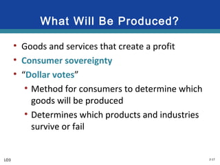 2-17
What Will Be Produced?
• Goods and services that create a profit
• Consumer sovereignty
• “Dollar votes”
• Method for consumers to determine which
goods will be produced
• Determines which products and industries
survive or fail
LO3
 