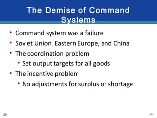 2-24
The Demise of Command
Systems
• Command system was a failure
• Soviet Union, Eastern Europe, and China
• The coordination problem
• Set output targets for all goods
• The incentive problem
• No adjustments for surplus or shortage
LO4
 