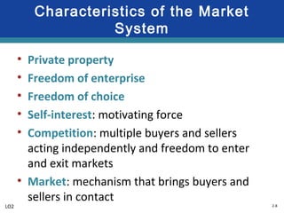 2-8
Characteristics of the Market
System
• Private property
• Freedom of enterprise
• Freedom of choice
• Self-interest: motivating force
• Competition: multiple buyers and sellers
acting independently and freedom to enter
and exit markets
• Market: mechanism that brings buyers and
sellers in contact
LO2
 