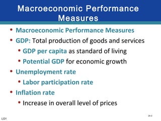24-3
Macroeconomic Performance
Measures
• Macroeconomic Performance Measures
• GDP: Total production of goods and services
• GDP per capita as standard of living
• Potential GDP for economic growth
• Unemployment rate
• Labor participation rate
• Inflation rate
• Increase in overall level of prices
LO1
 