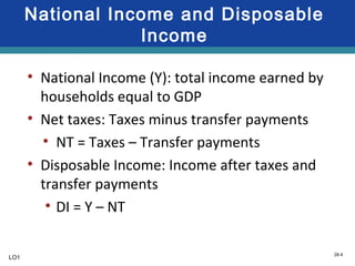 28-4
• National Income (Y): total income earned by
households equal to GDP
• Net taxes: Taxes minus transfer payments
• NT = Taxes – Transfer payments
• Disposable Income: Income after taxes and
transfer payments
• DI = Y – NT
National Income and Disposable
Income
LO1
 
